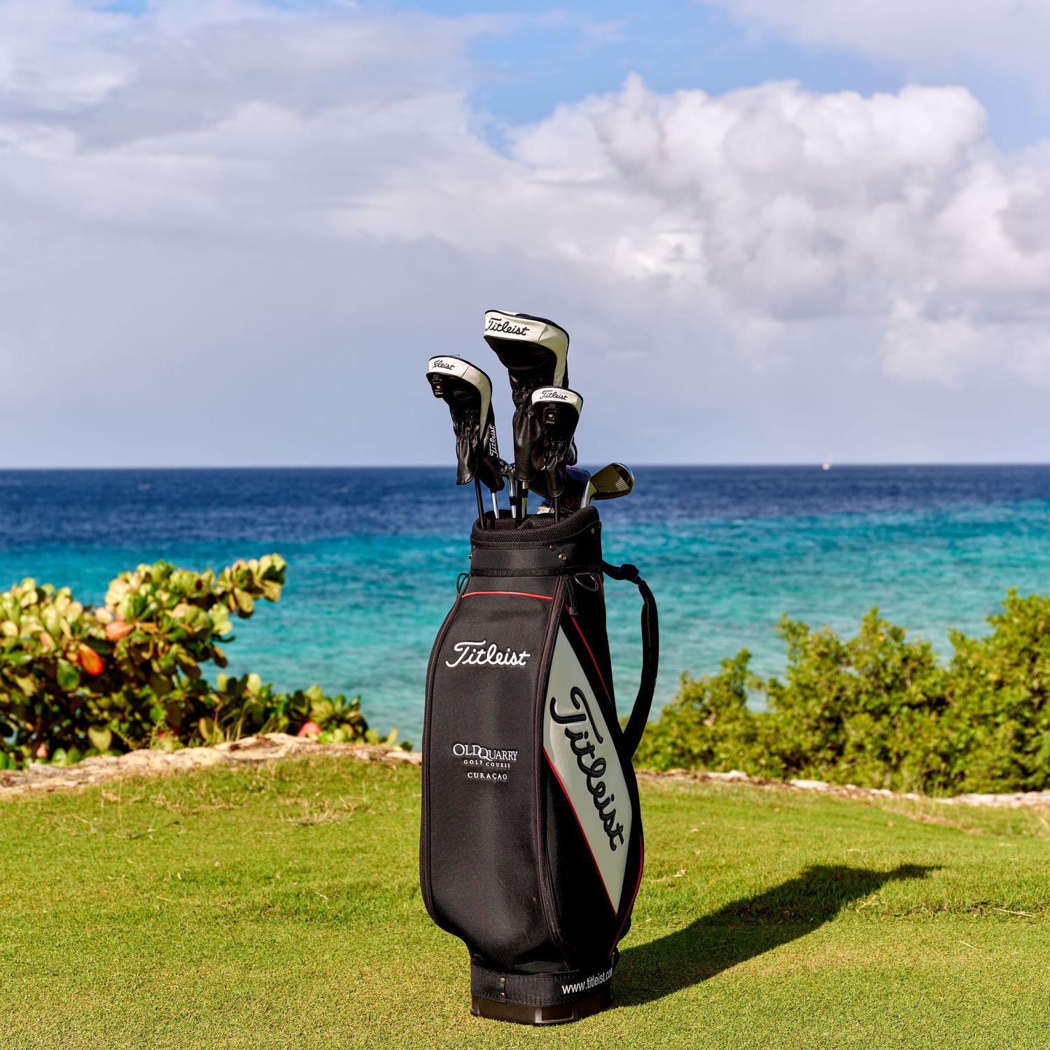 Golf bag silhouetted against a stunning turquoise ocean and tropical landscape with yellow flowers in the foreground.