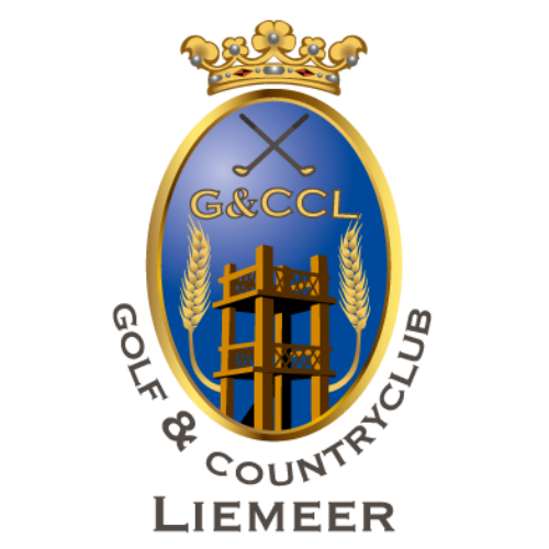 Collection of golf club logos featuring crowns, castles, and traditional heraldic designs in blue and gold colors.