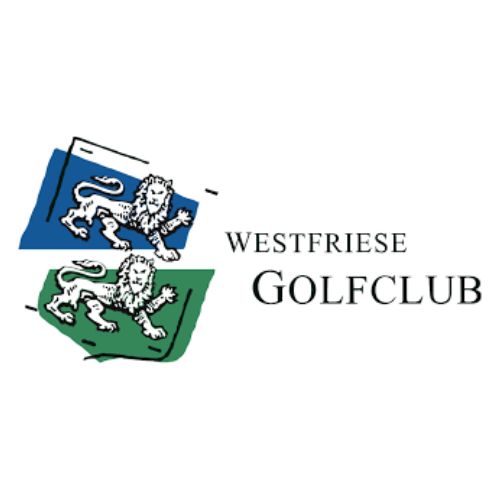 Logo of Westfriese Golf Club featuring blue and green shields with white lions and text.
