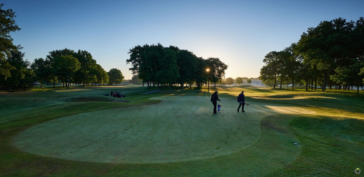 Golfers on a lush green golf course at sunset, surrounded by tall trees with golden light filtering through.