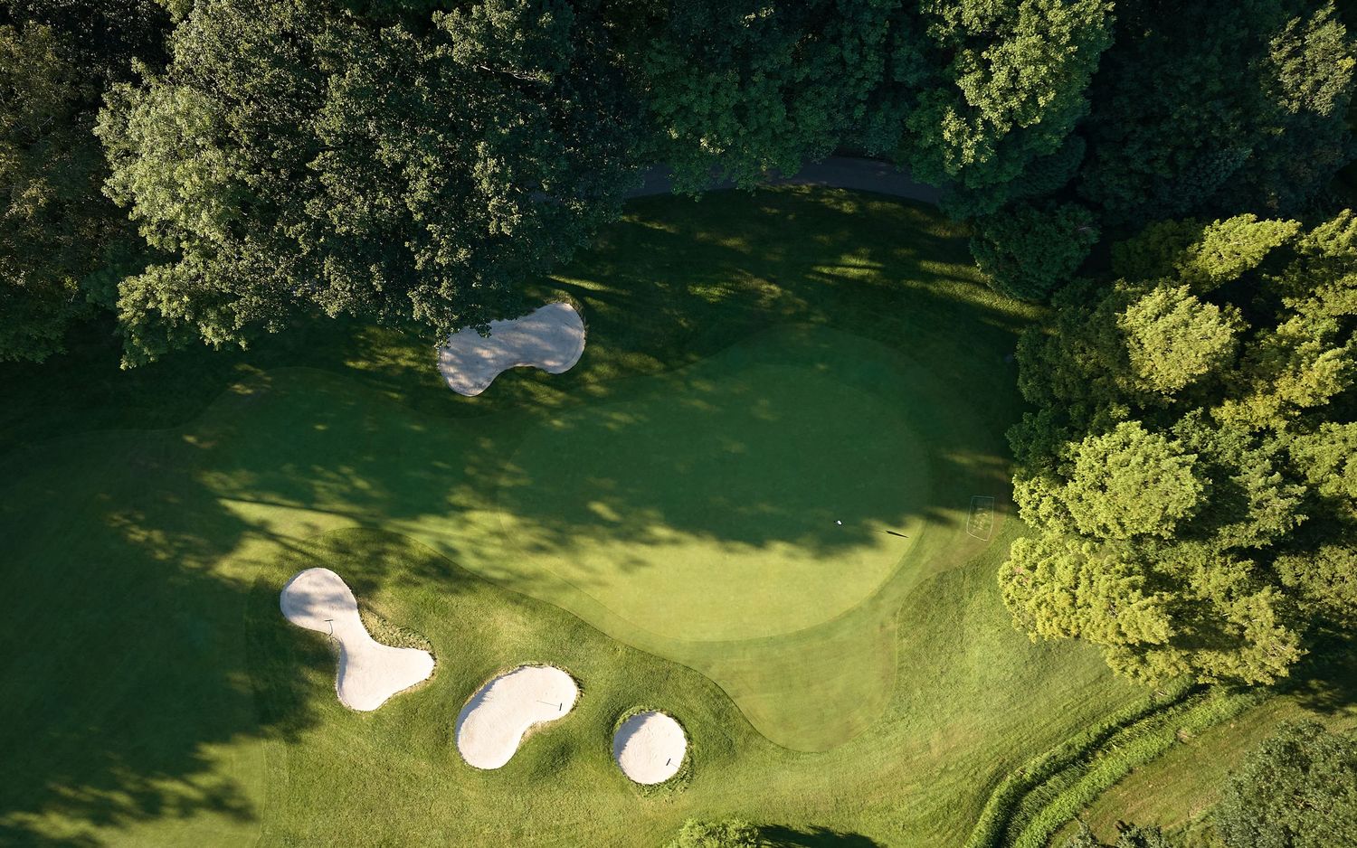 Aerial view of a lush golf course green with white sand bunkers surrounded by dense trees.
