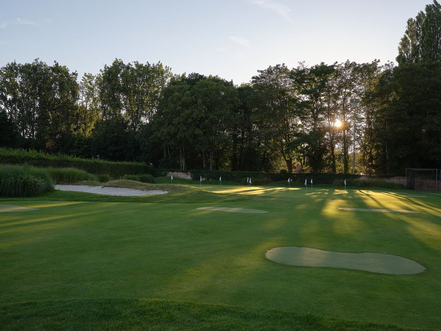 Lush golf course green at sunset with sand bunkers and tall trees casting golden light across the fairway.