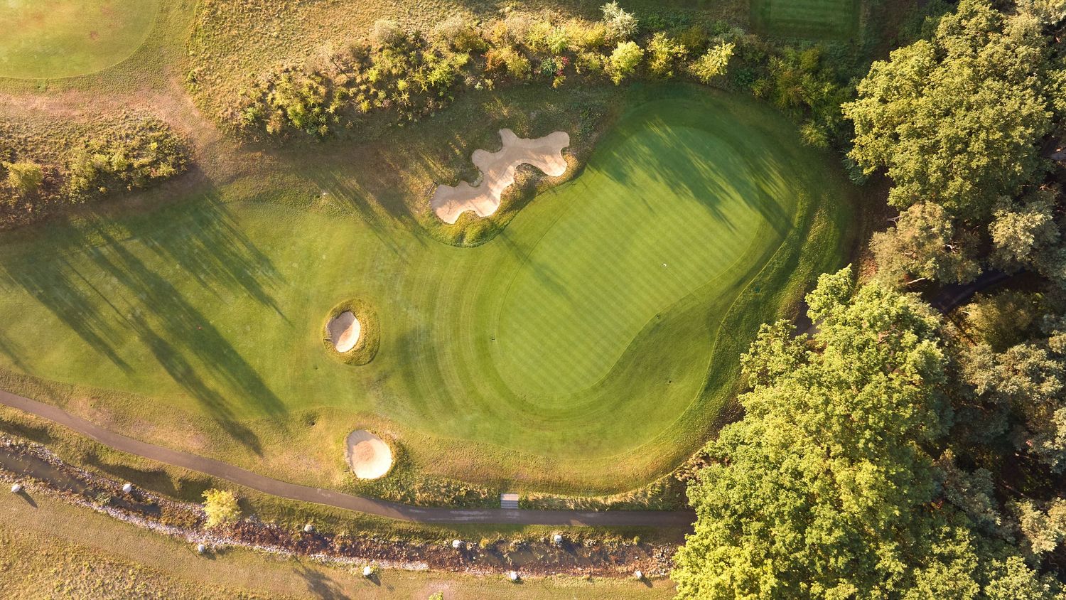 Aerial view of a golf course green with sand bunkers surrounded by trees.