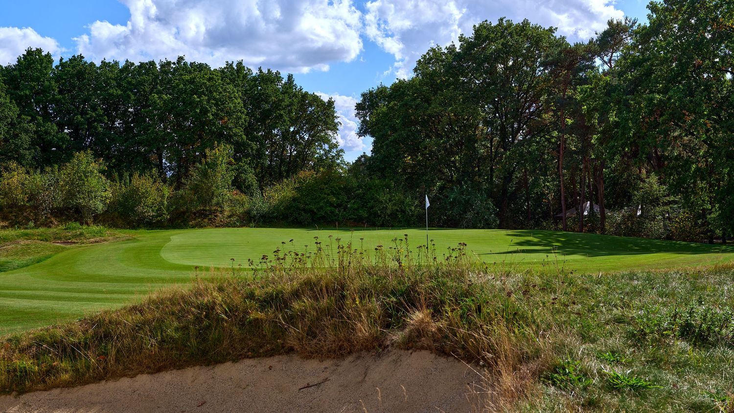 Lush green golf course fairway with a sand bunker in the foreground, surrounded by tall trees under a partly cloudy sky.