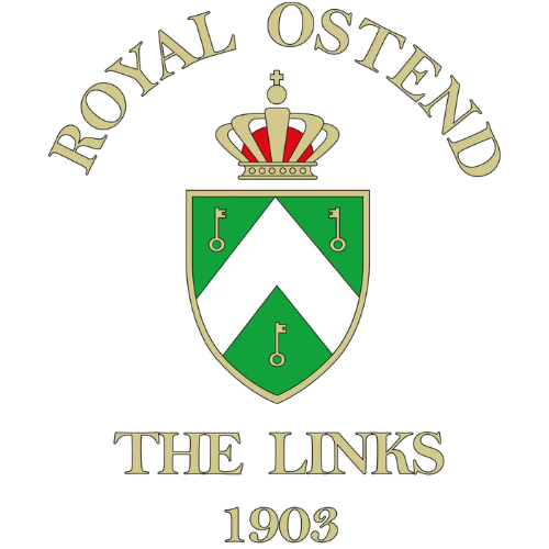Collection of vintage golf club logos and crests featuring crowns, keys, and shields in gold and green colors.
