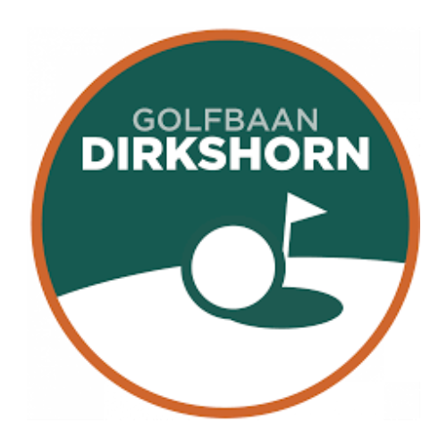 Circular logo for Golfbaan Dirkshorn featuring a golf ball and flag on a green background with orange border.