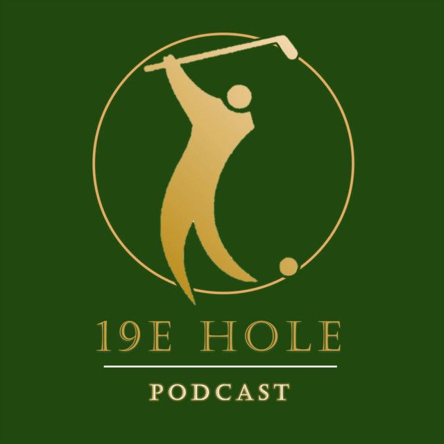 Gold golfer icon swinging club in circular design with text '19E HOLE PODCAST' on dark green background.