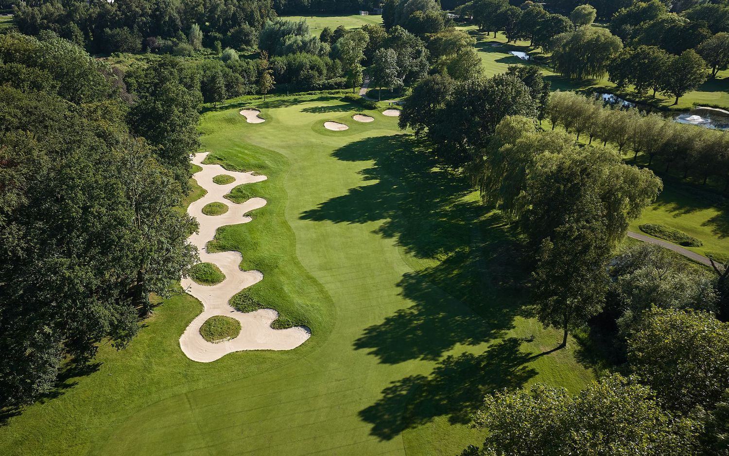 Aerial view of a lush golf course with sand bunkers, manicured fairways, and surrounding trees on a sunny day.