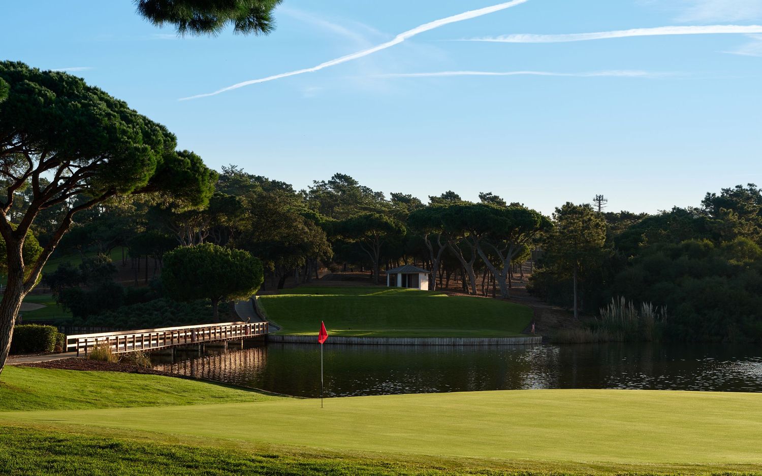 Scenic golf course with wooden bridge, tranquil lake, red flag, and lush green fairways surrounded by tall pine trees.
