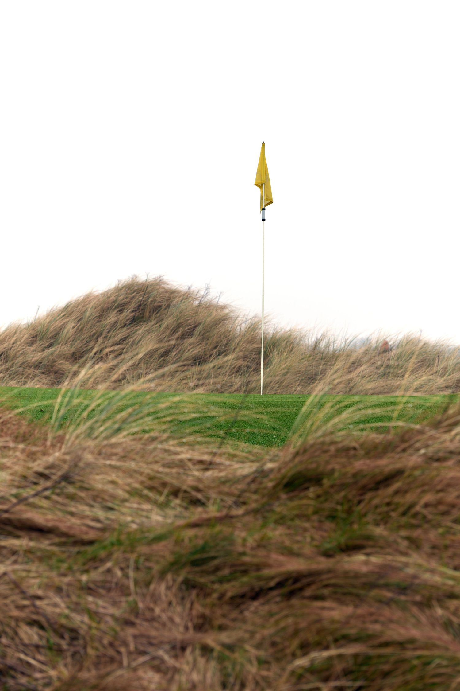 Yellow golf flag on a windy links course surrounded by rough coastal grass and sand dunes on an overcast day.