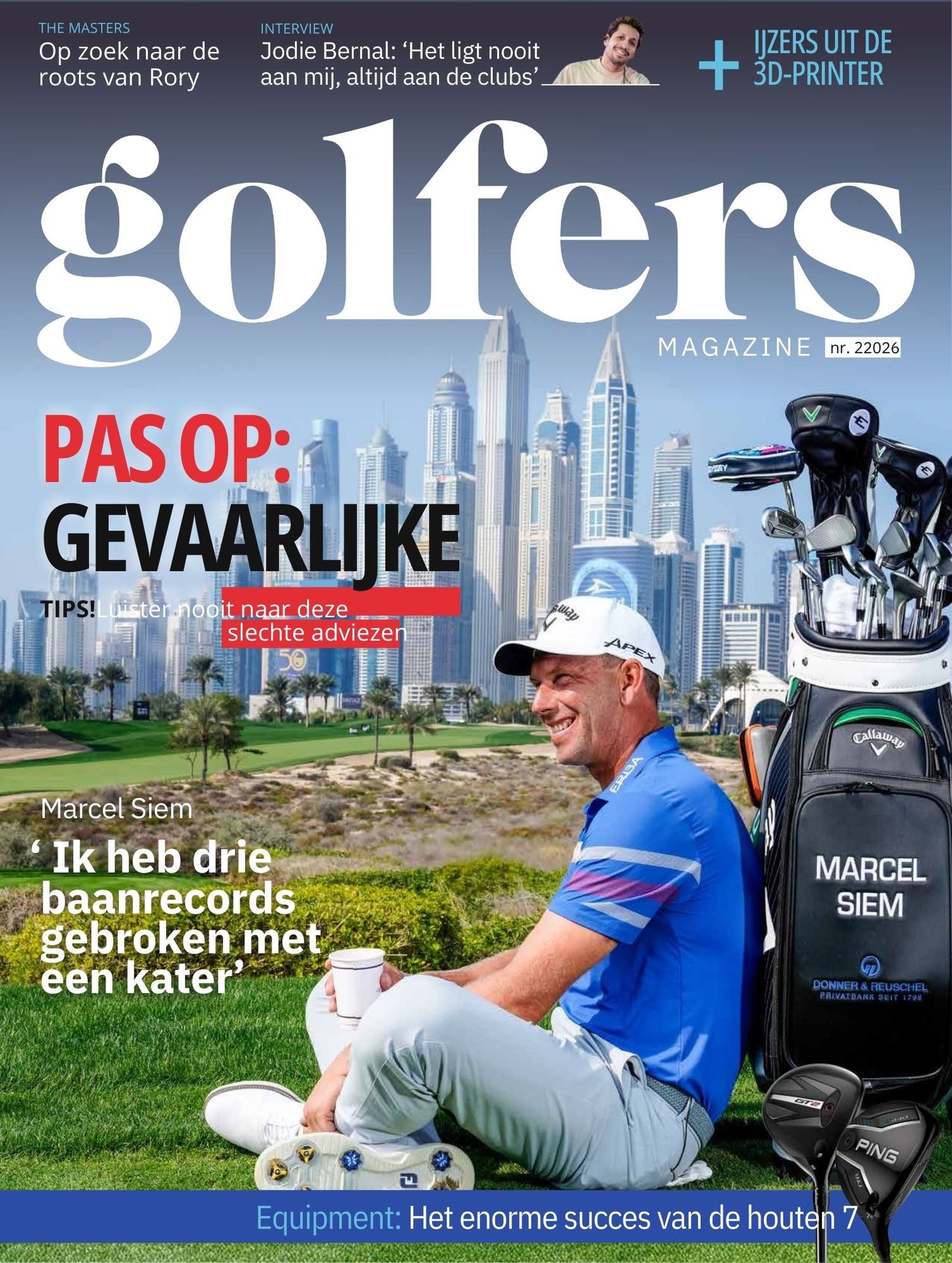 Collection of golf magazine covers showing various golf scenes and players on green courses and practice areas.