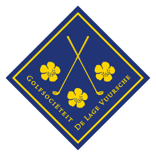 Blue diamond-shaped golf club logo with crossed gold clubs and three yellow flowers on navy background.