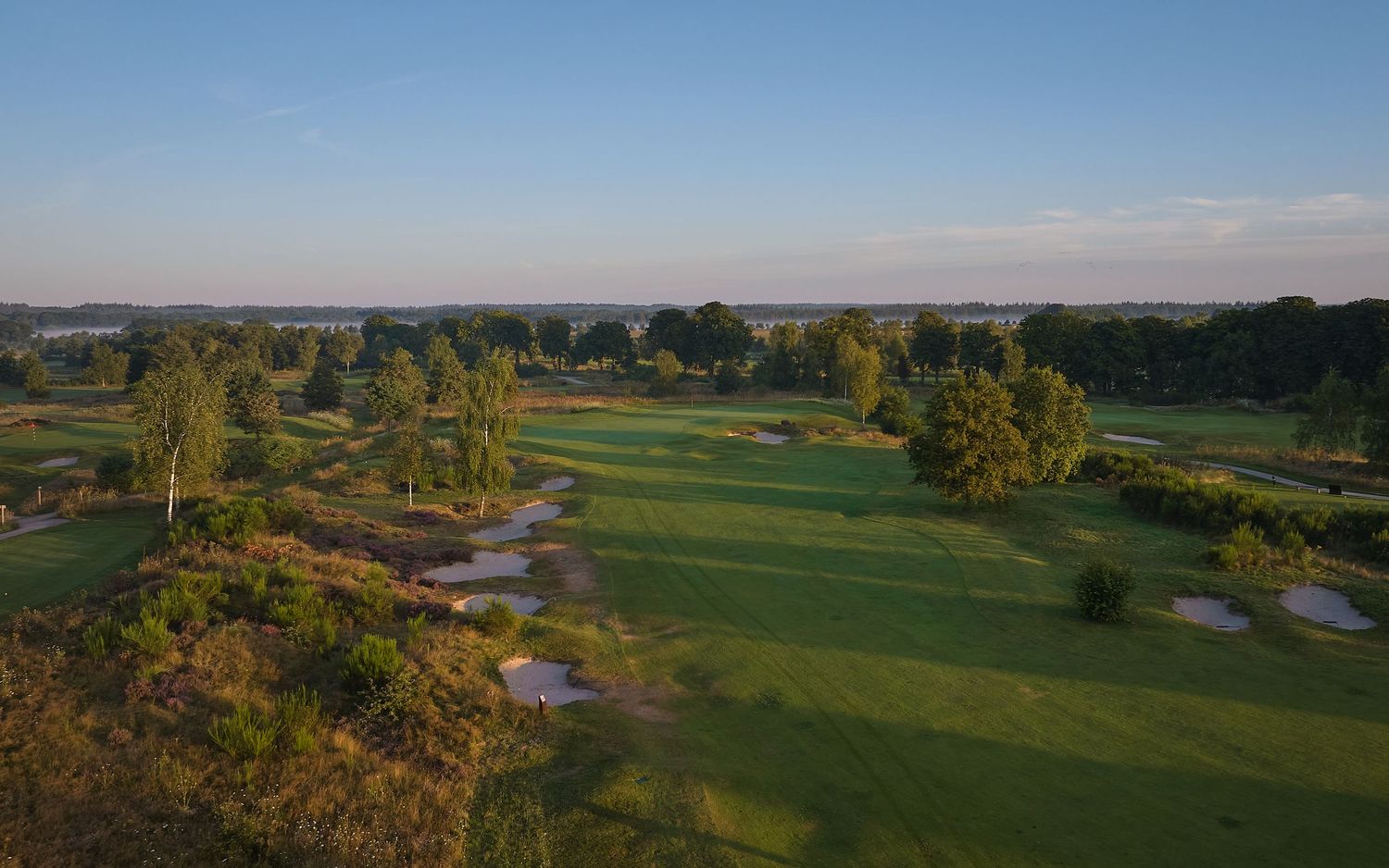 Panoramic aerial view of a scenic golf course with rolling green fairways and scattered trees in golden sunlight.