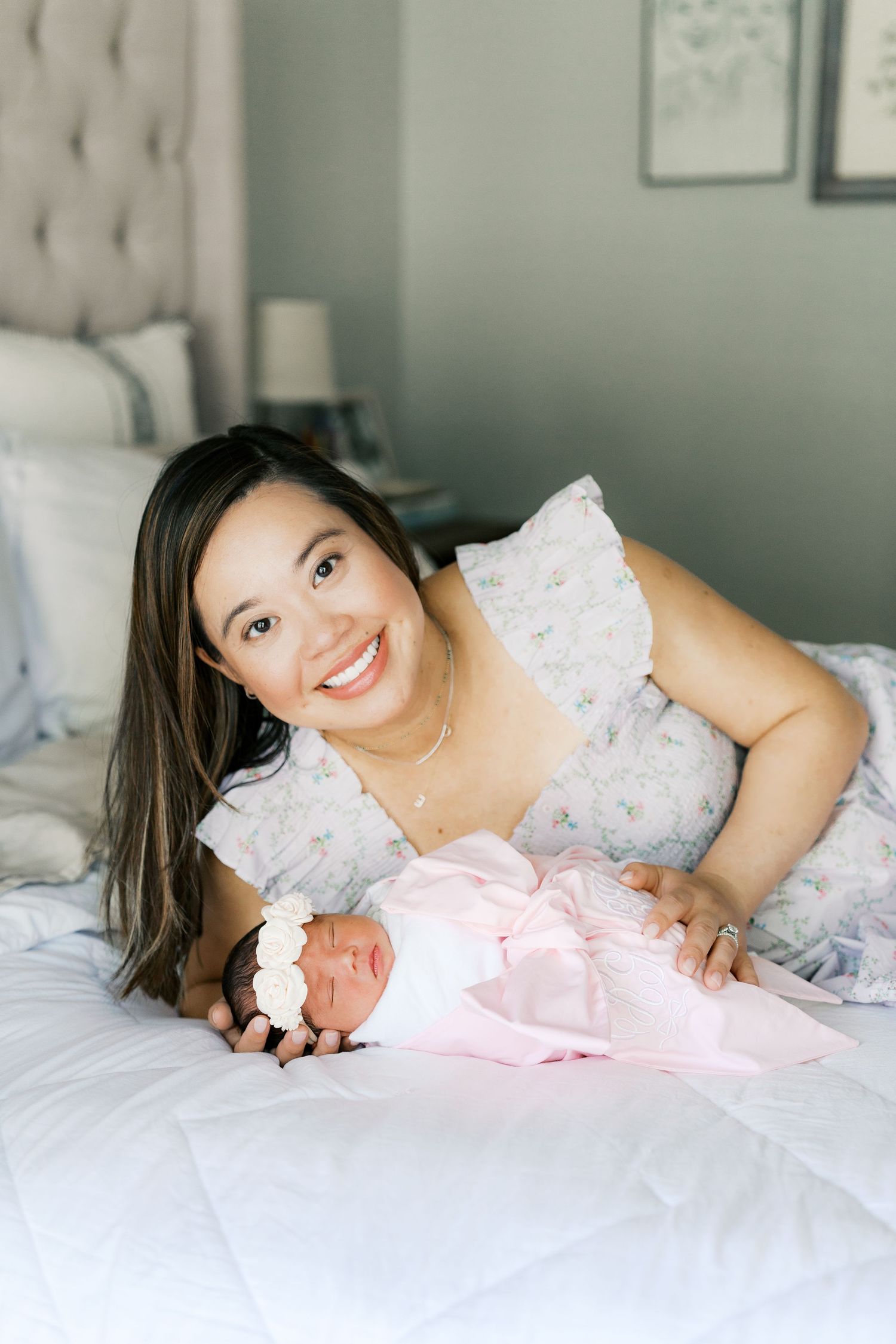 A series of lifestyle portraits taken on a white bed with soft natural lighting.