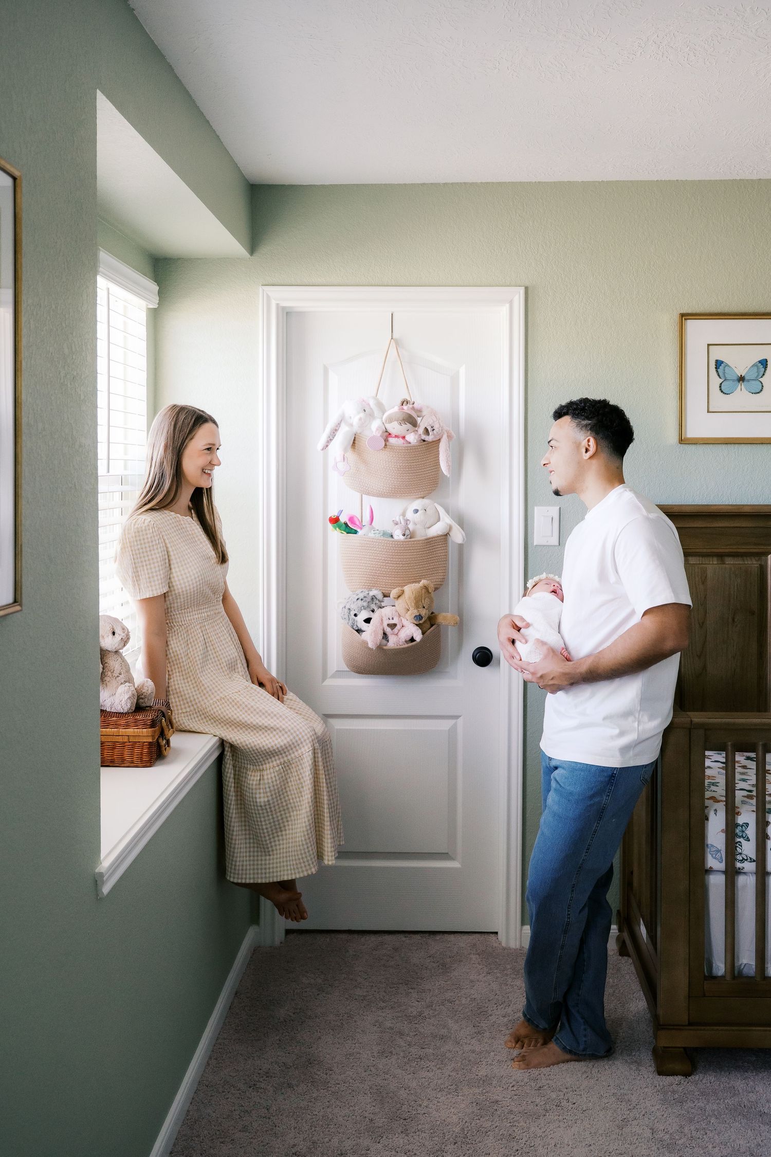 Series of images showing a couple playfully interacting in a hallway.