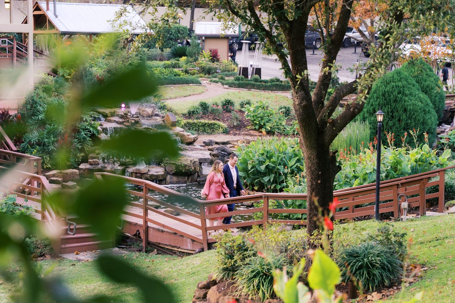 Elevated view of a landscaped garden with wooden pathways and natural foliage.