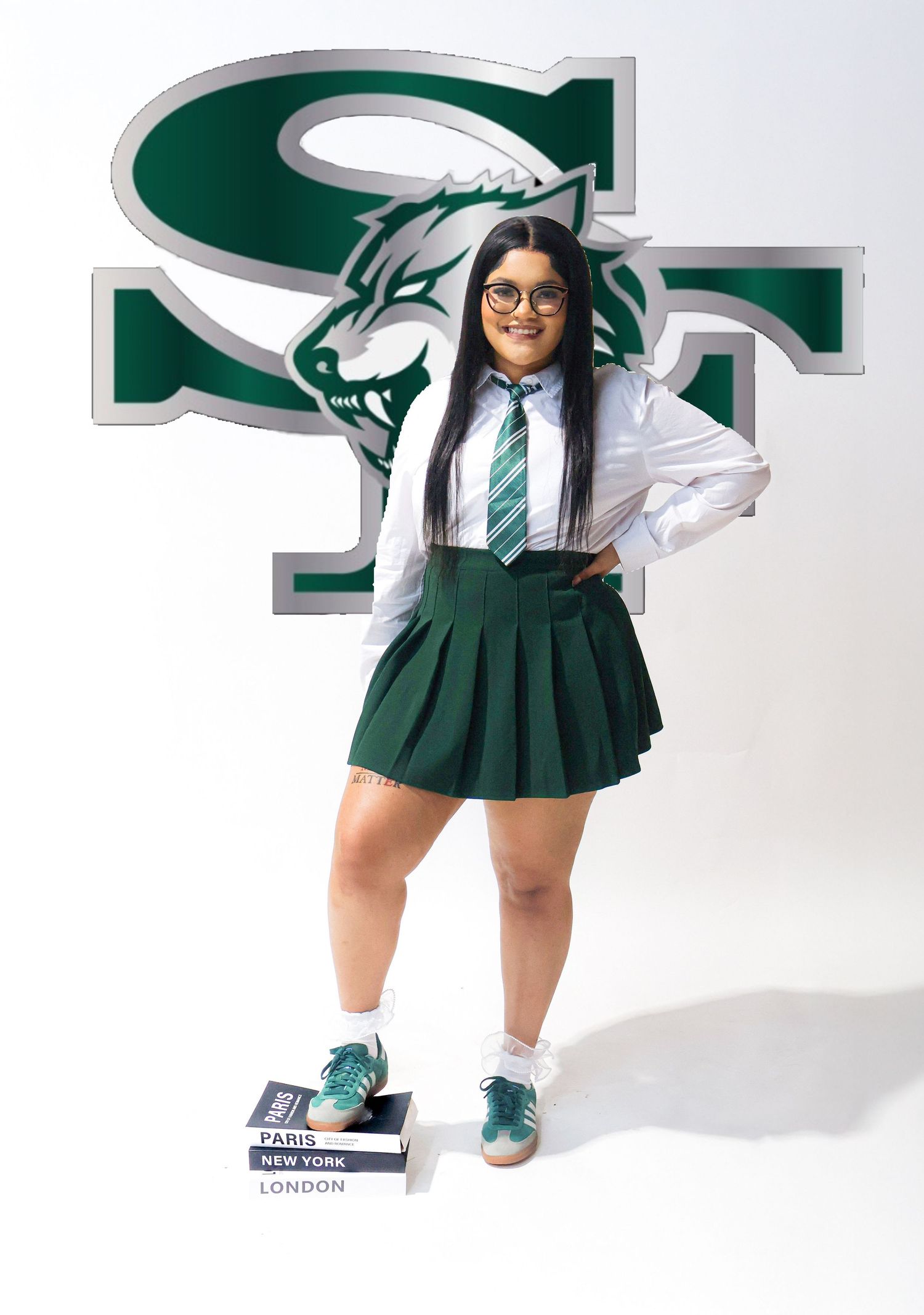 Student in green school uniform poses before SF Wolves mascot logo on white background.