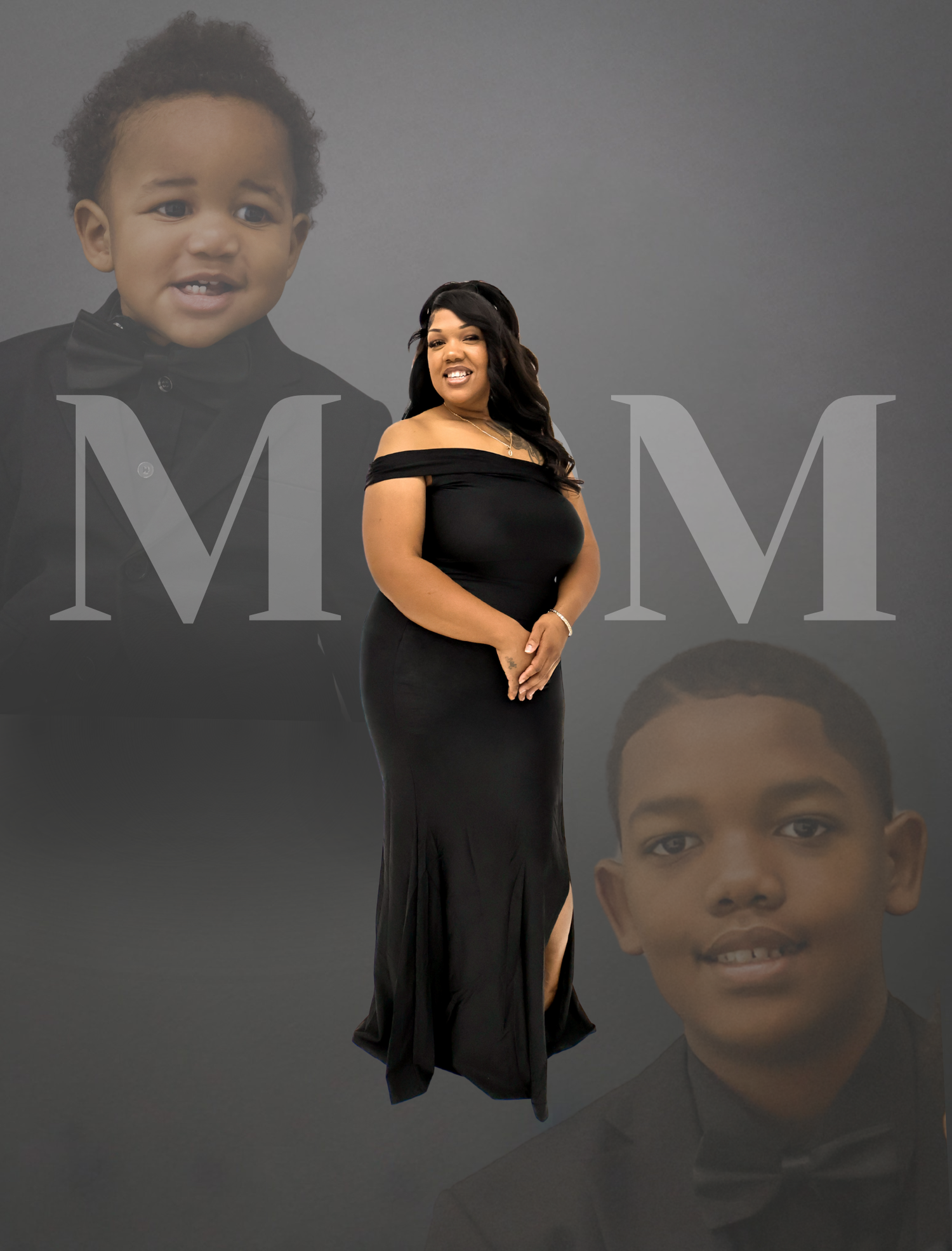 Woman in black off-shoulder gown smiles between composite photos of her two young sons.