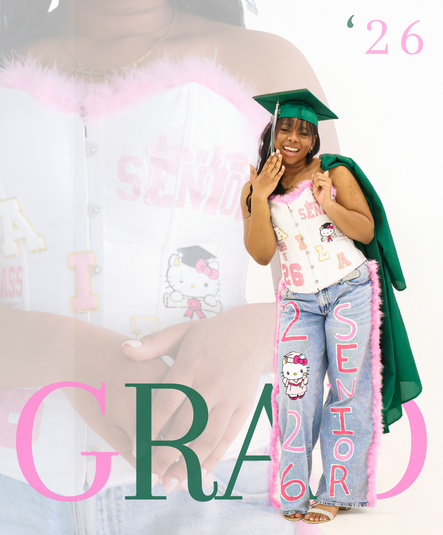 A smiling graduate poses in a green cap and gown with Hello Kitty outfit, surrounded by Senior 2026 text overlays.