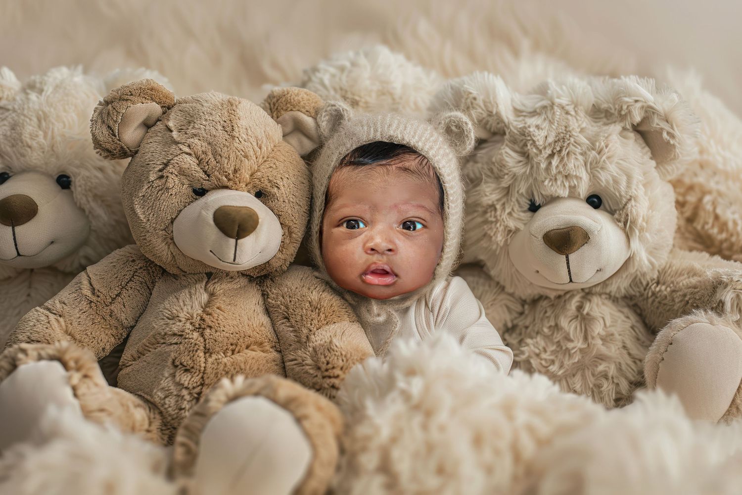 Adorable baby nestled between three fluffy teddy bears, wearing a knit bonnet in a cozy setup.