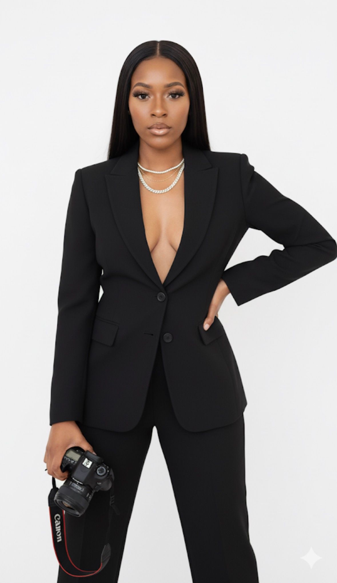 Woman in black blazer suit holding Canon camera with pearl necklace in professional portrait.
