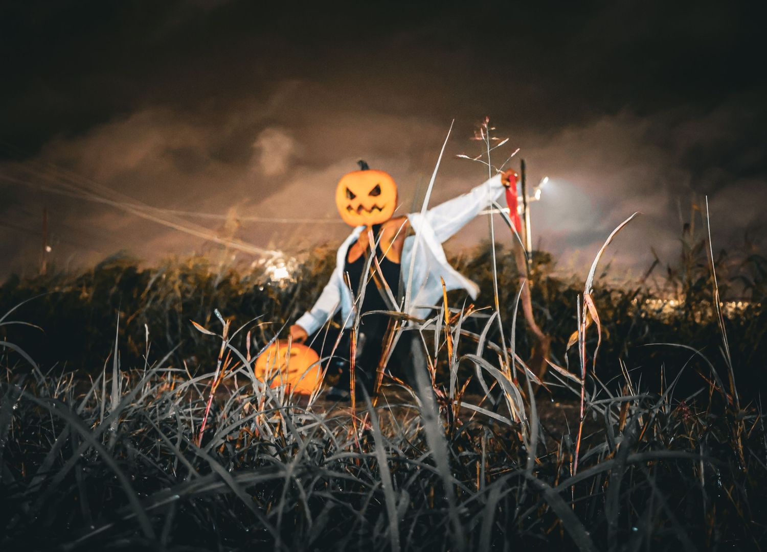 A Halloween scarecrow costume with a jack-o-lantern head holds a scythe in a dark, dramatic field.