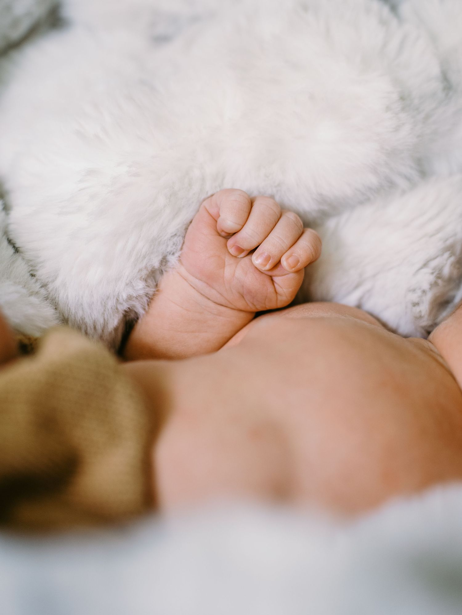 Close-up of a newborn baby's tiny clenched fist resting on a soft white fluffy blanket.