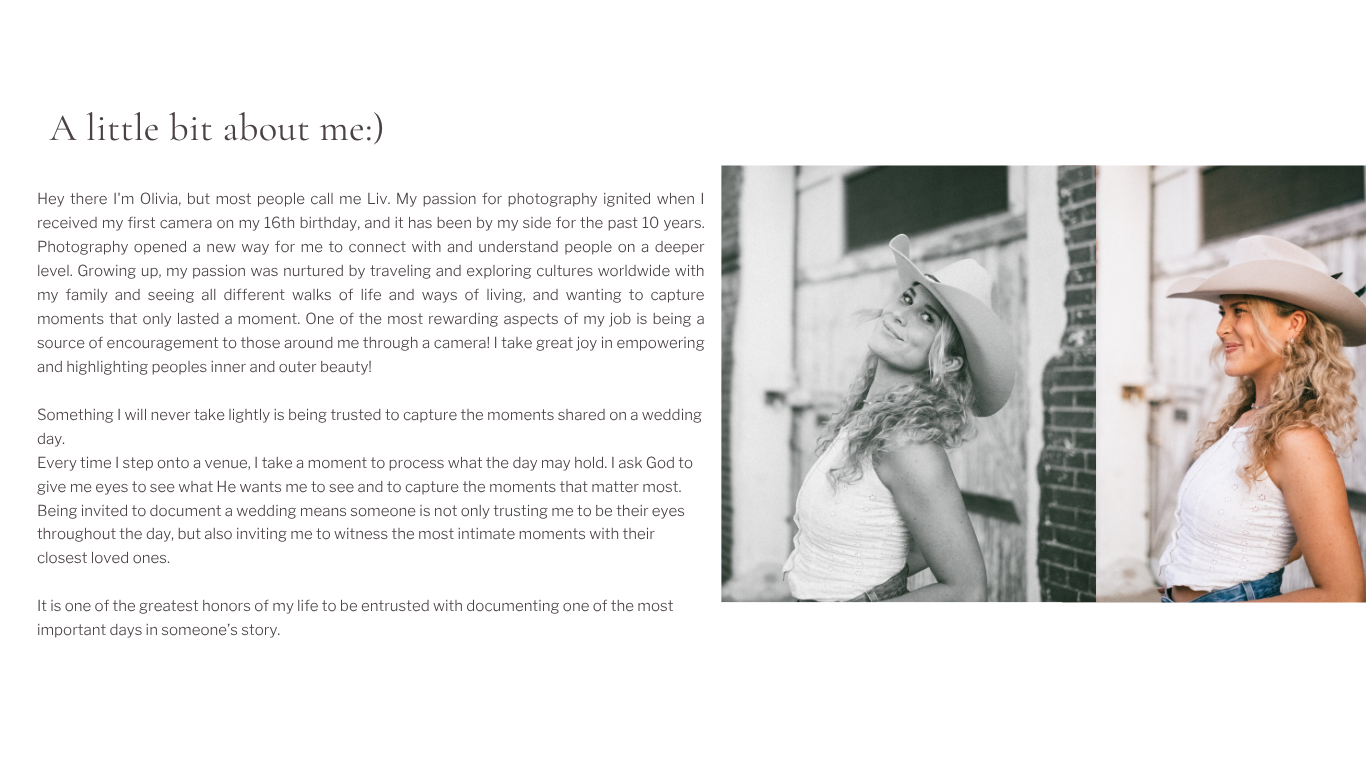 A woman in a hat poses outdoors in a natural setting, featured on a photography website's about me page.