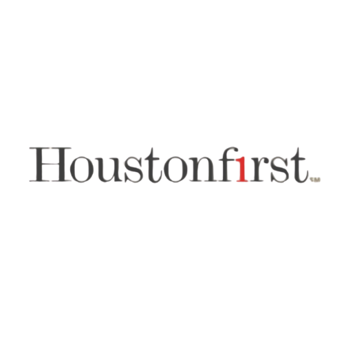 Houston First logo in black and red text on white background.