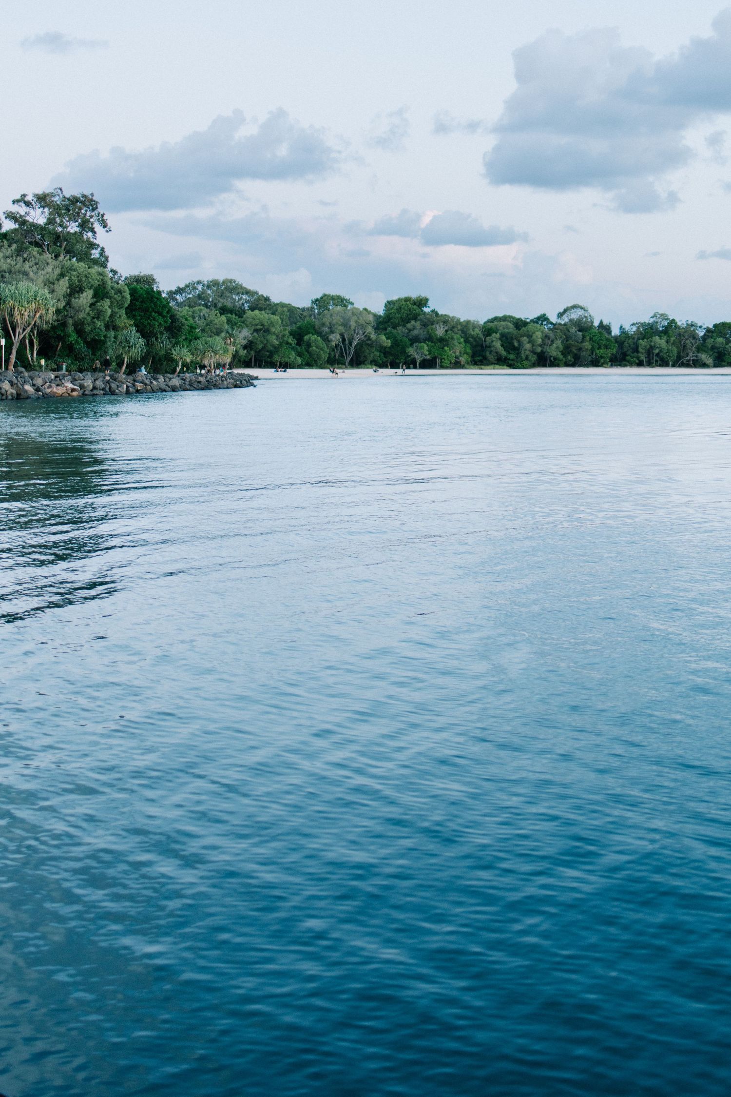 Calm blue river with lush green trees lining the shore under a cloudy sky.