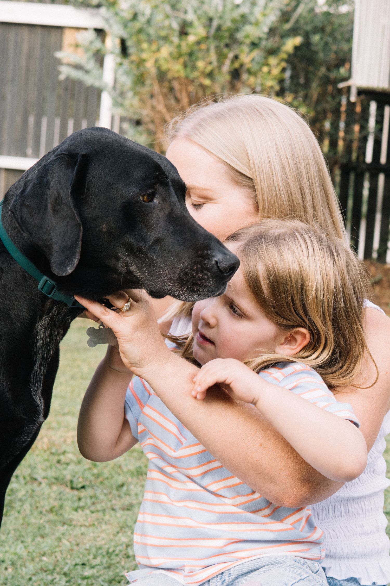 Two blonde girls affectionately nuzzling a black Labrador dog outdoors in a sunny backyard.