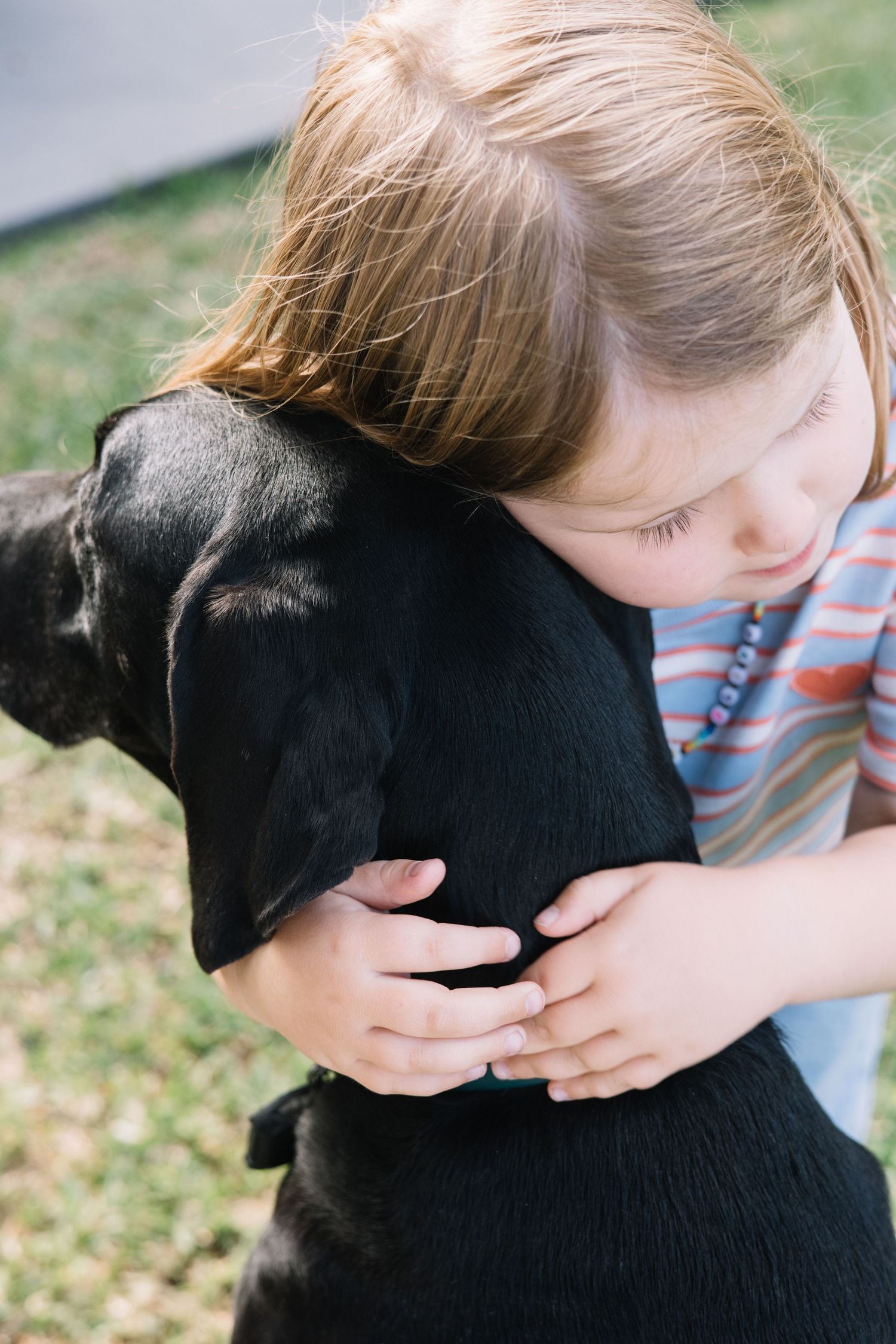 A young girl with brown hair tenderly hugs a black Labrador puppy outdoors on green grass.