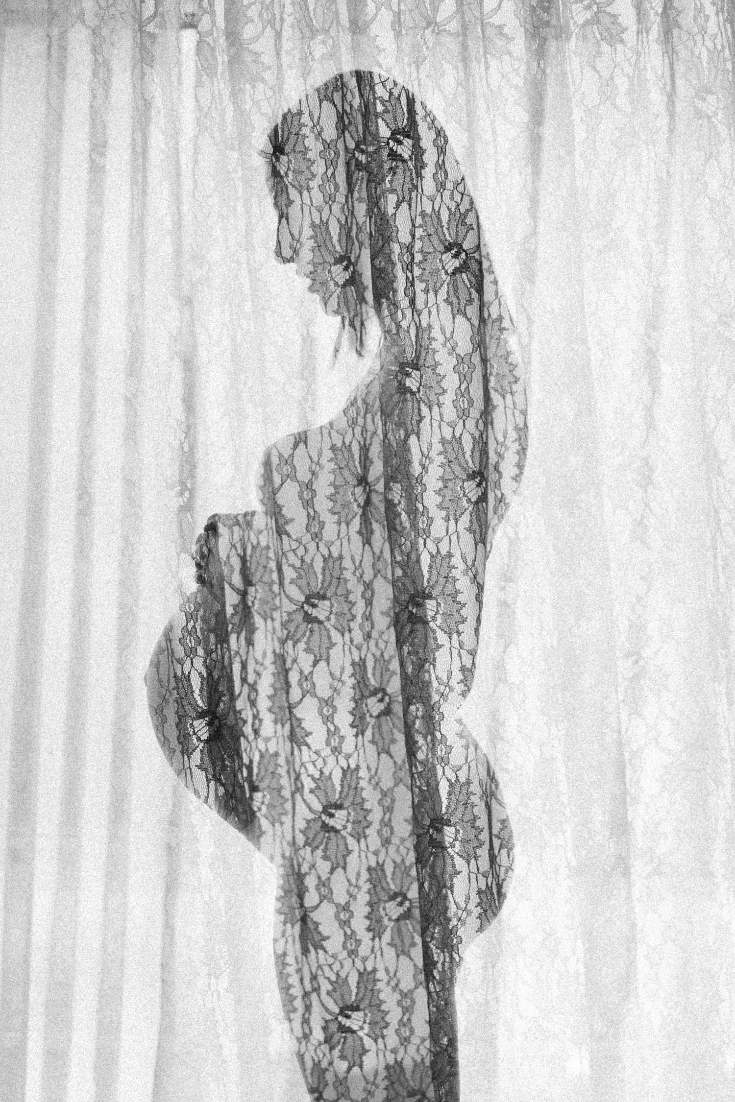 Black and white silhouette of a pregnant woman behind sheer lace curtain.