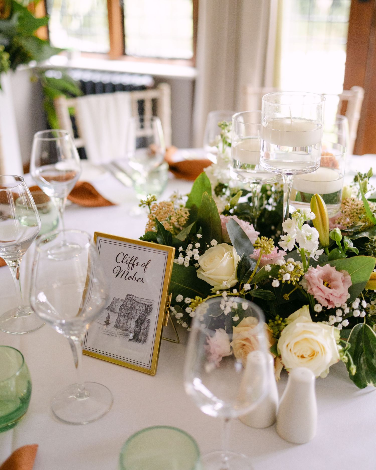 Elegant wedding table setting with delicate floral arrangements and glassware.