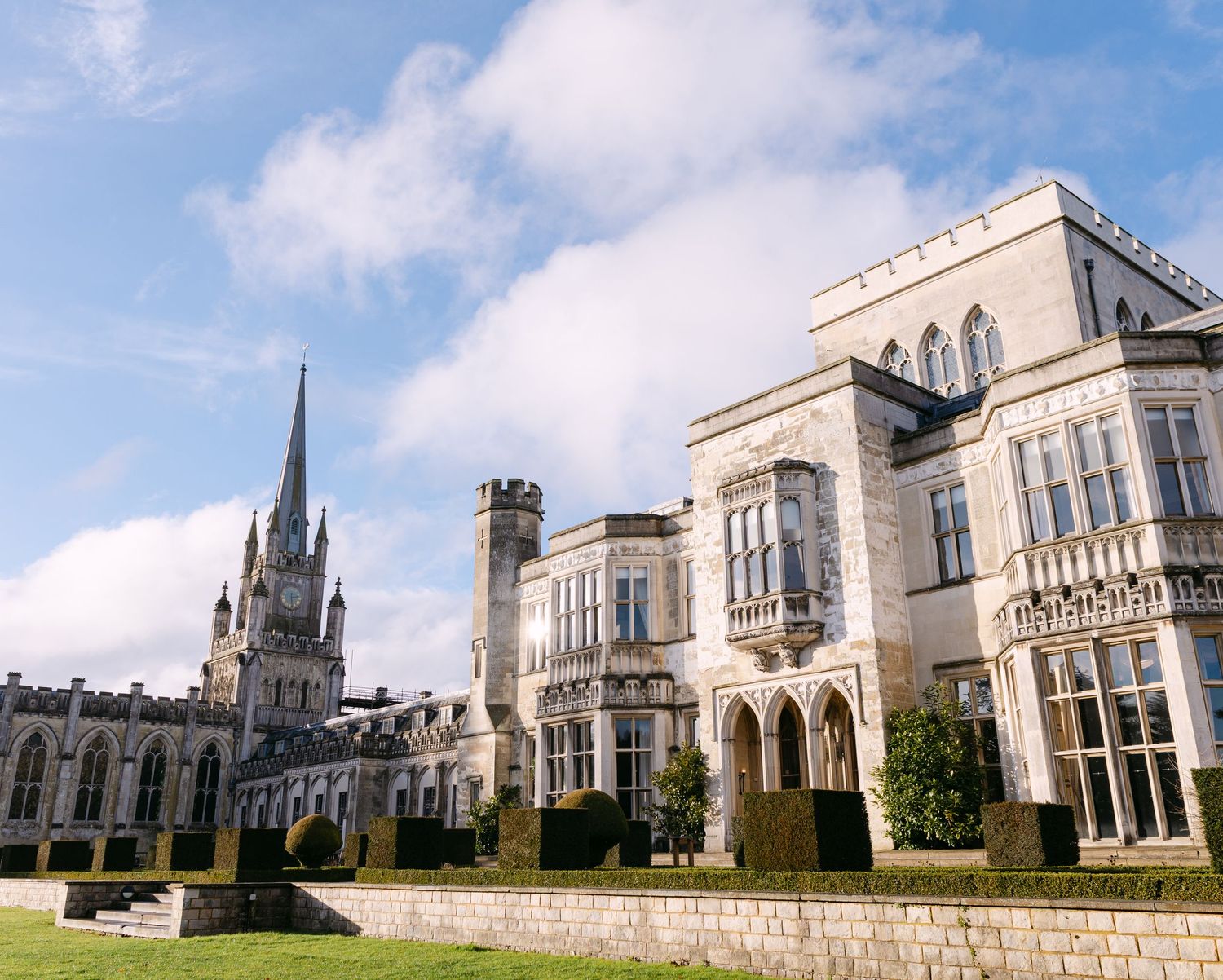 Ashridge house chapel and grounds from the back on a beautiful winter day