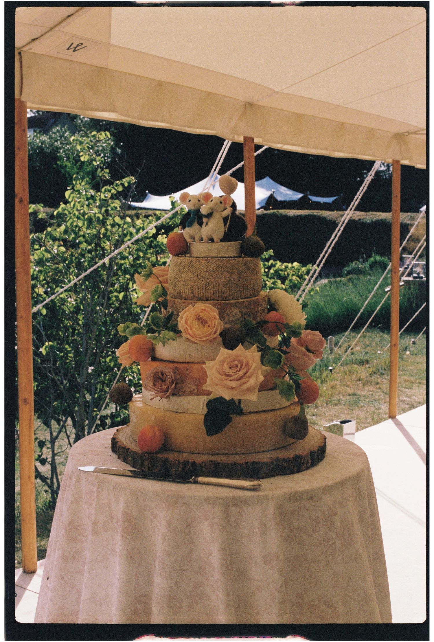 Elegant tiered cheese wedding cake decorated with fresh roses and a mouse cake topper under a tent.