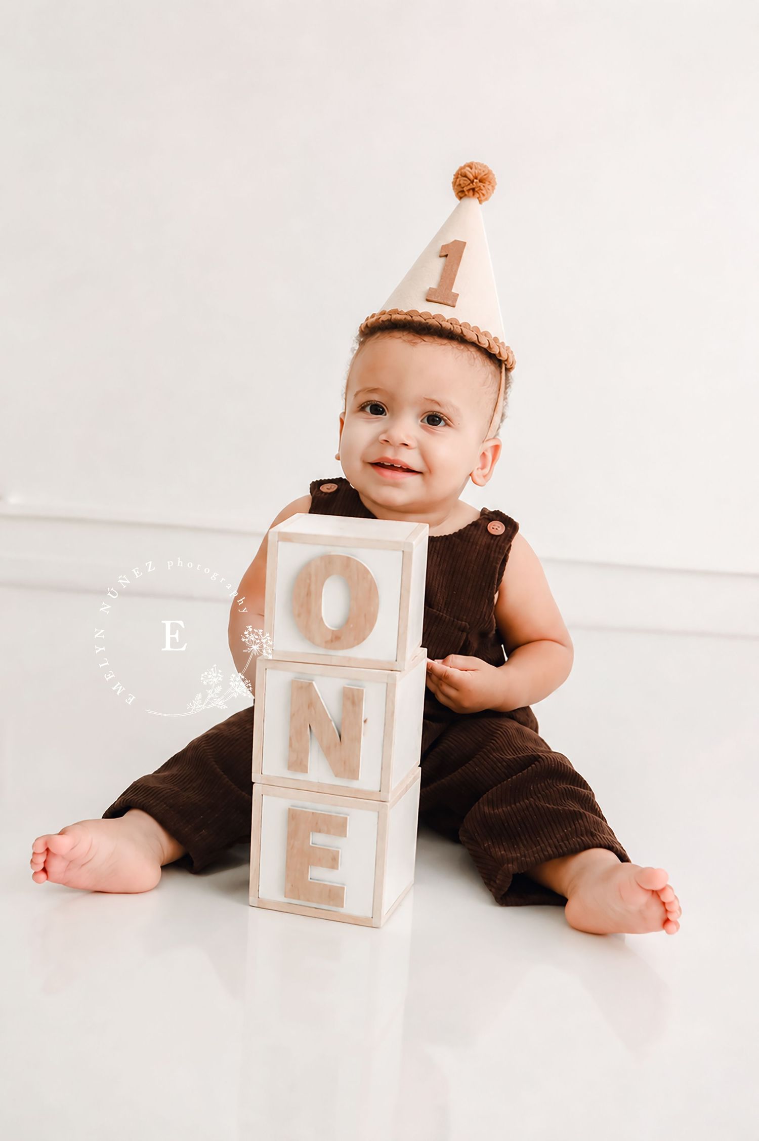 Baby's first birthday photo with stacked ONE blocks and party hat, wearing brown romper on white background.