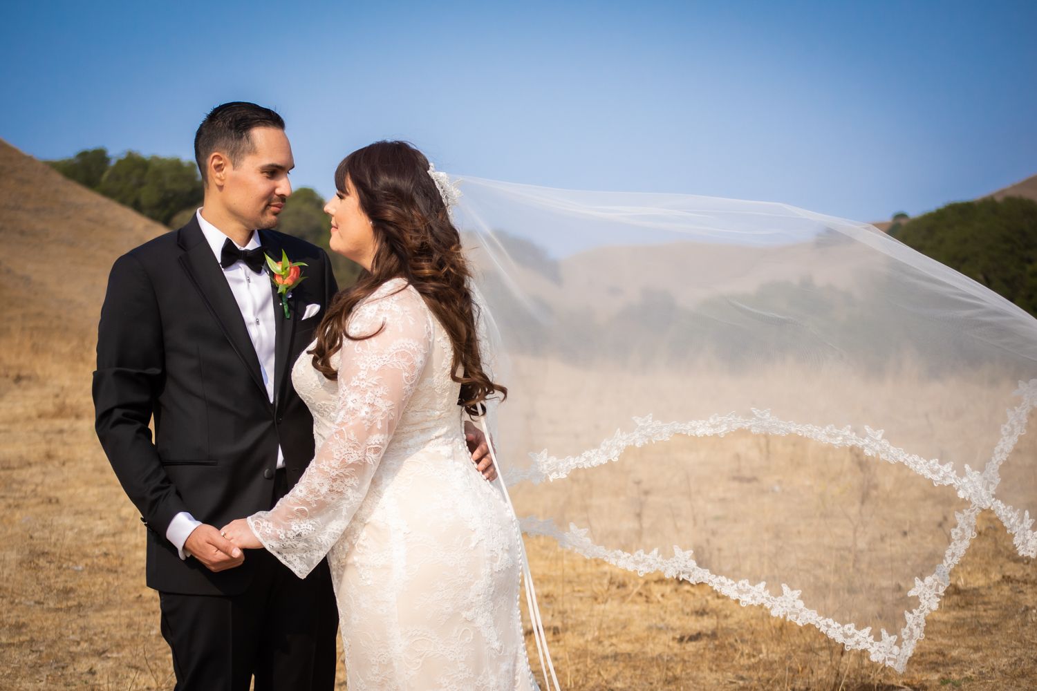 A bride and groom share a romantic moment outdoors with a flowing veil against golden hills on their wedding day.