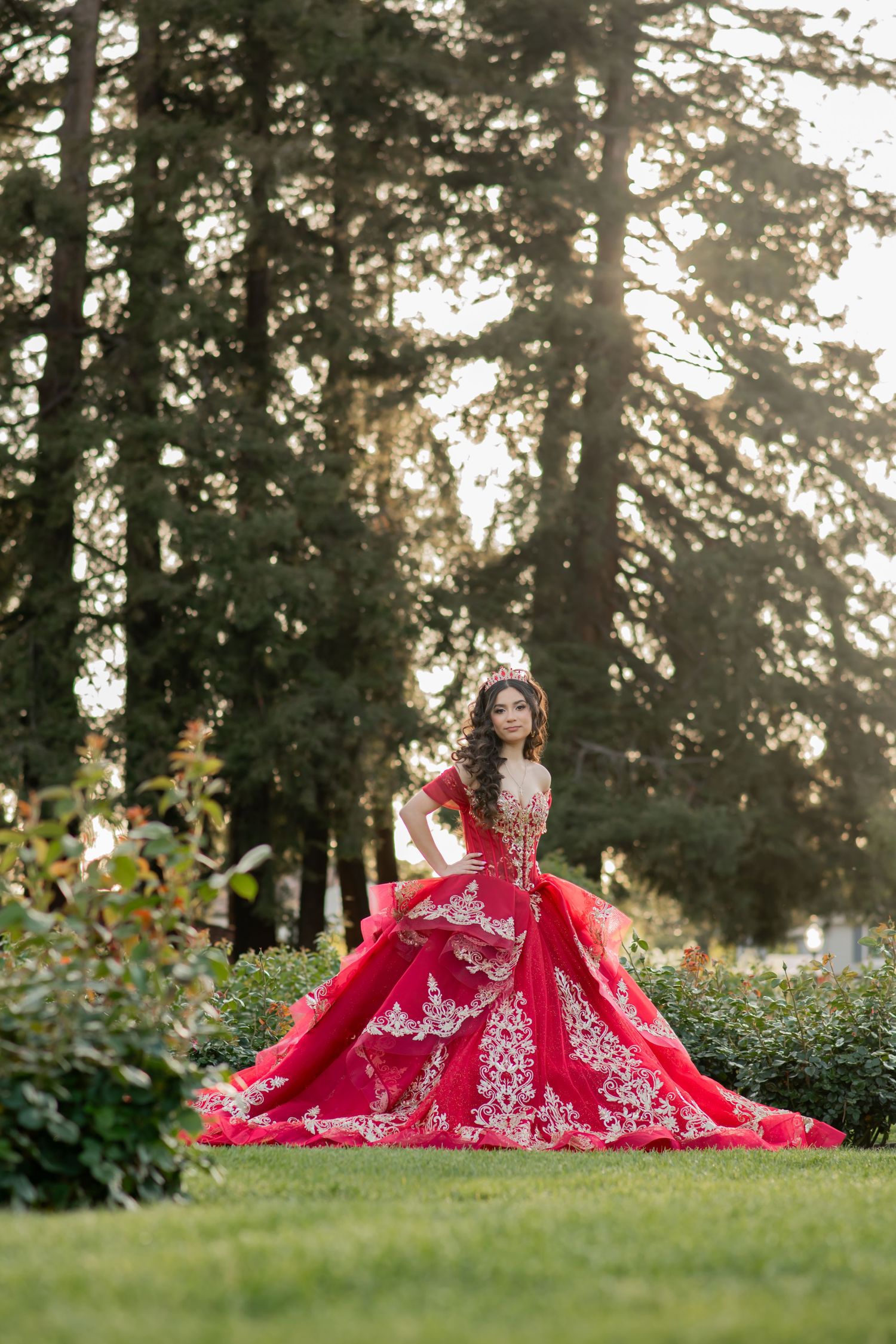 A stunning red and white embroidered ballgown photographed in a sunlit forest setting at golden hour.
