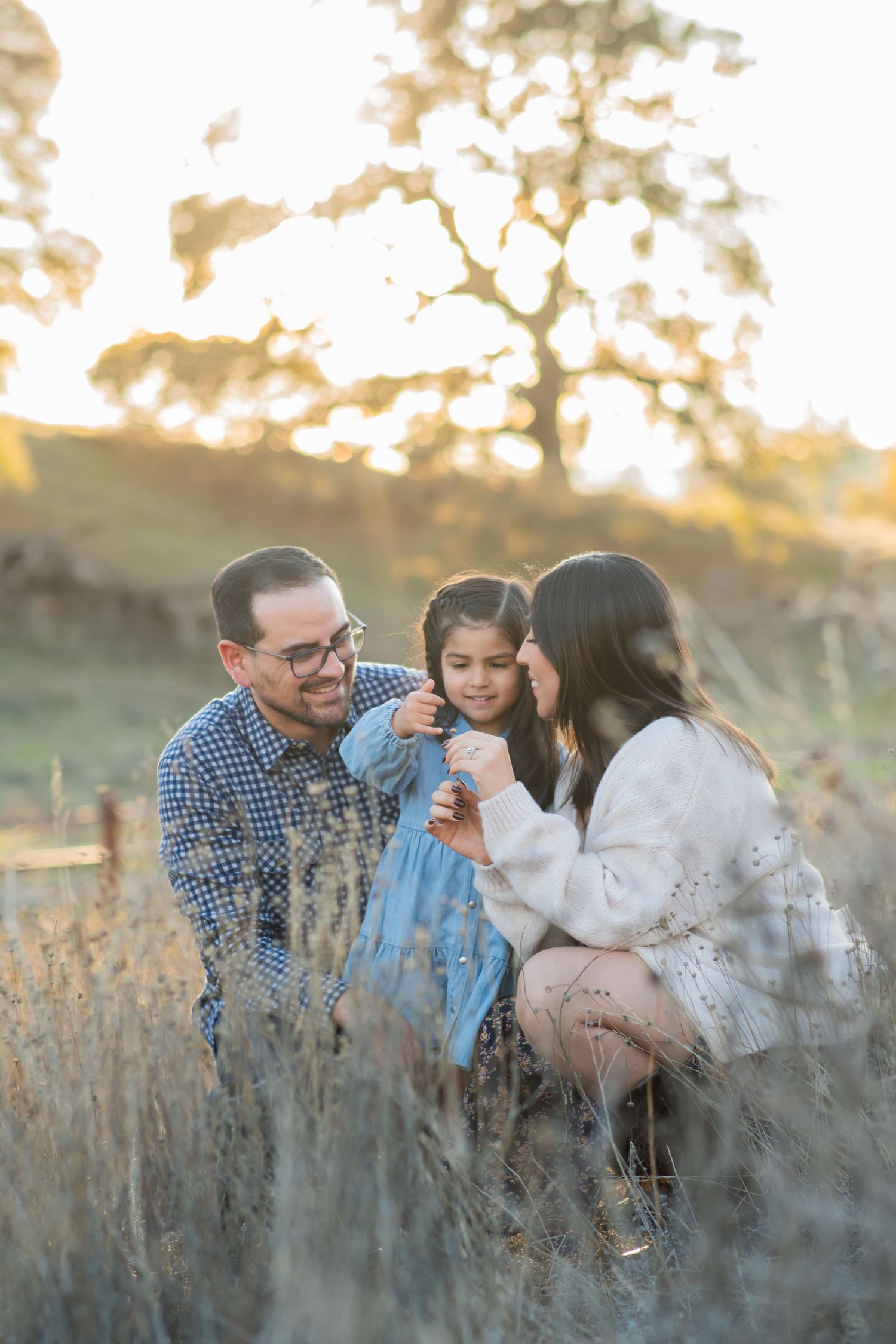 A family shares a joyful moment together while sitting in tall grass during golden hour sunset.
