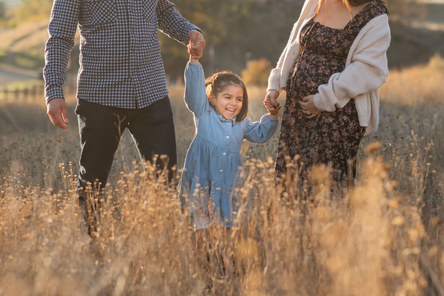 A family walks through a sun-lit autumn field with tall golden grass in late afternoon light.