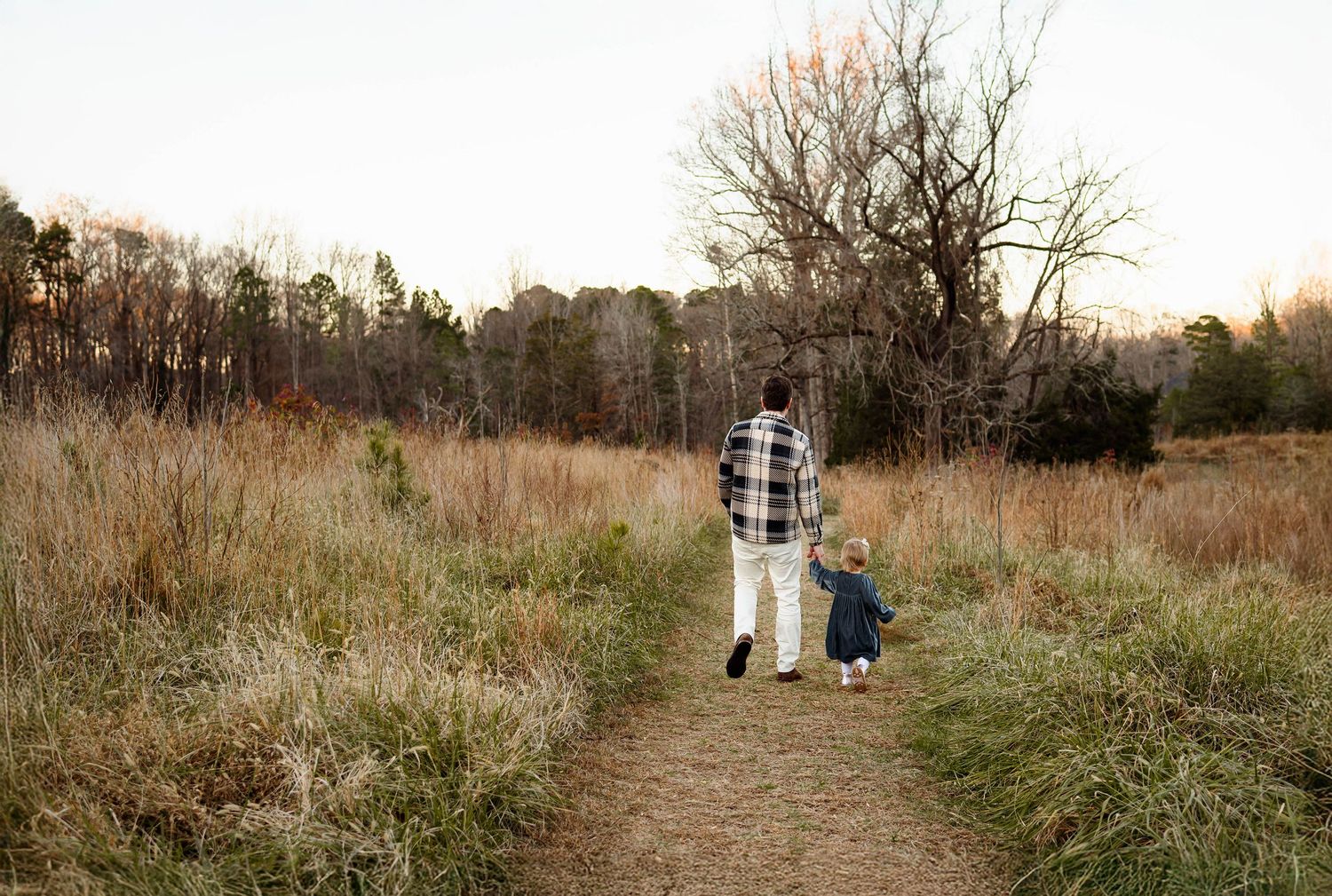 Father and young daughter walking hand in hand through a grassy field during a Raleigh family session