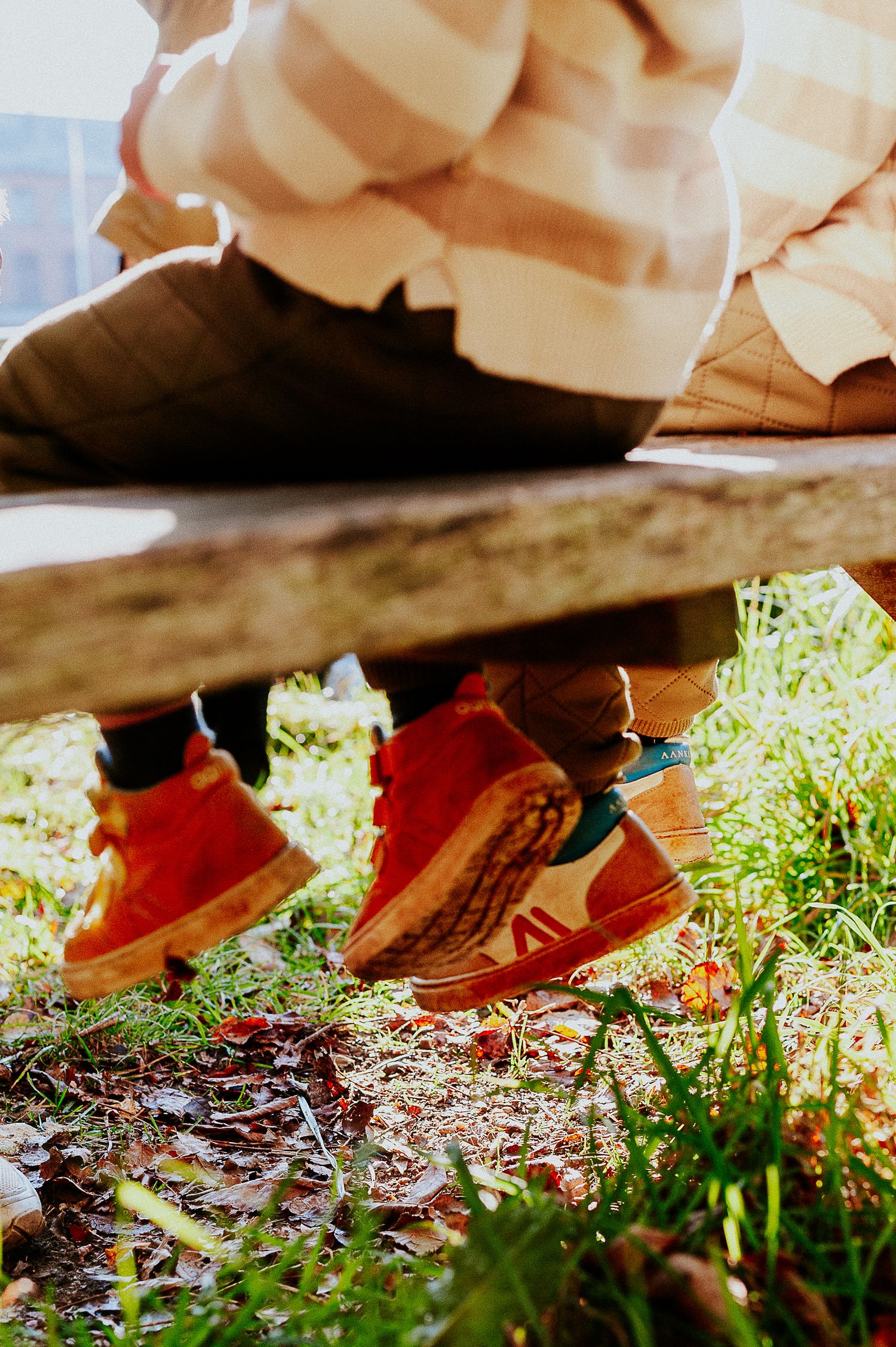 A row of brown leather shoes with white socks standing in grass and sunlight.