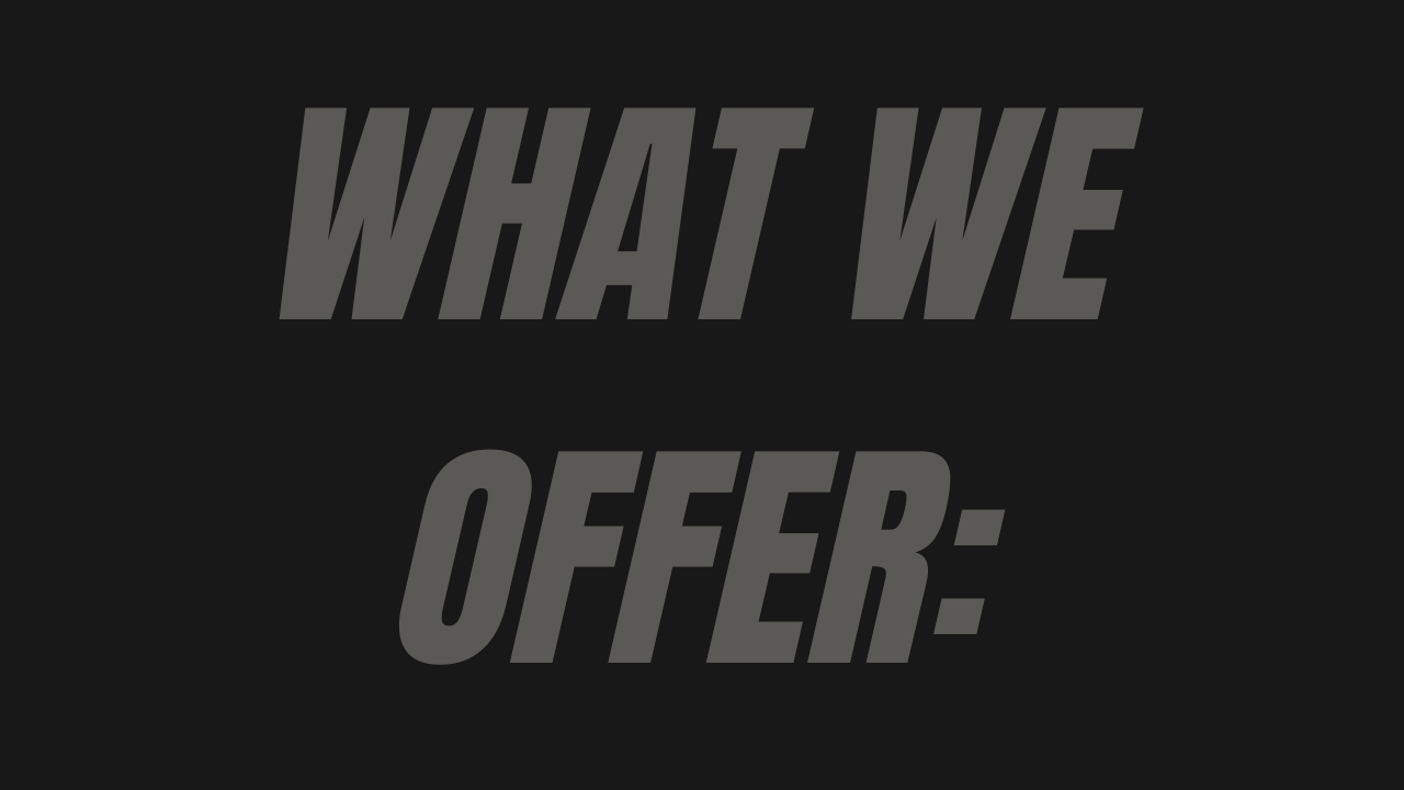 Black and white text design showing the repeated phrase 'WHAT WE OFFER' in a bold font against a dark background.