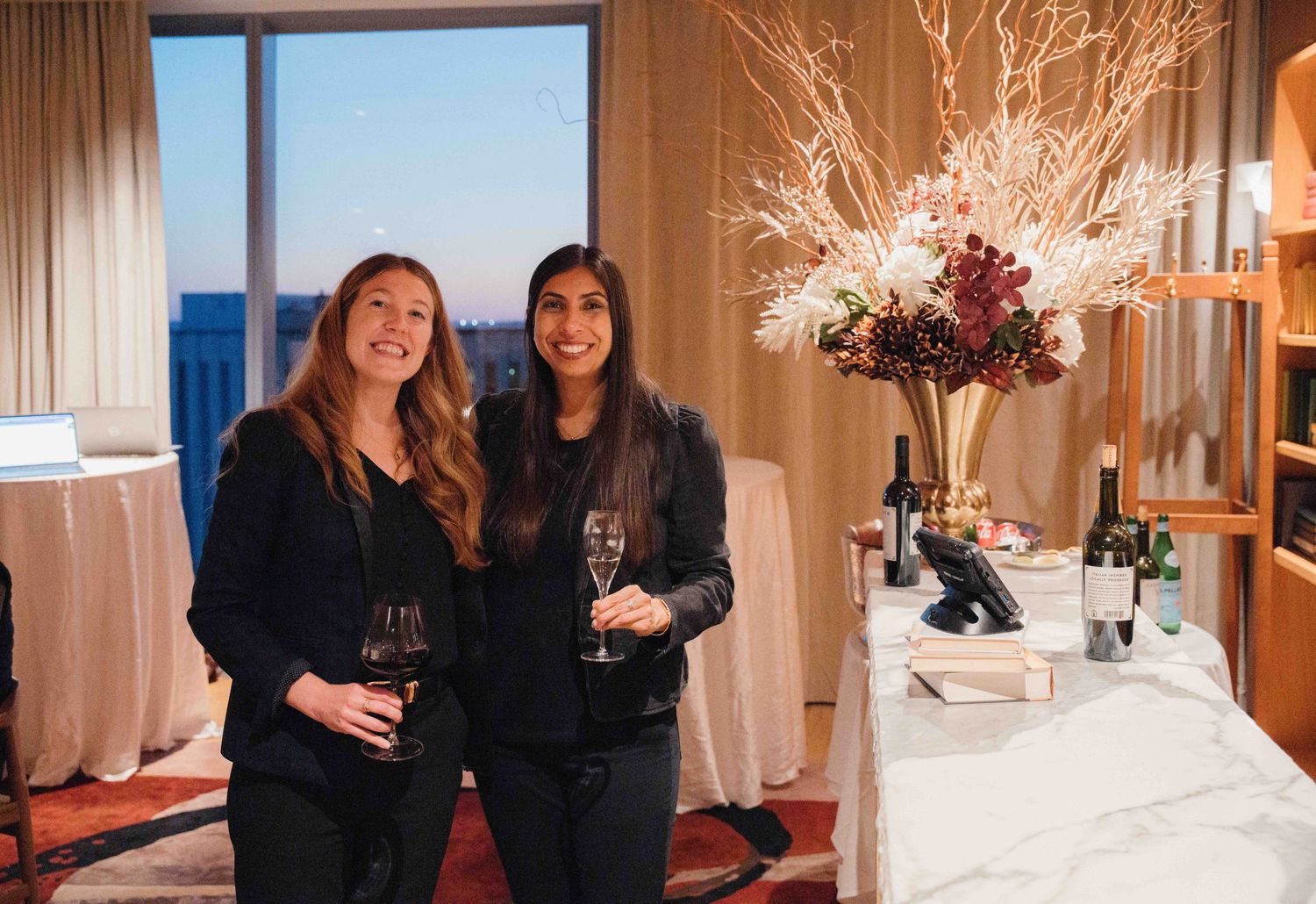 A series of party photos showing people socializing and enjoying drinks at an indoor gathering.