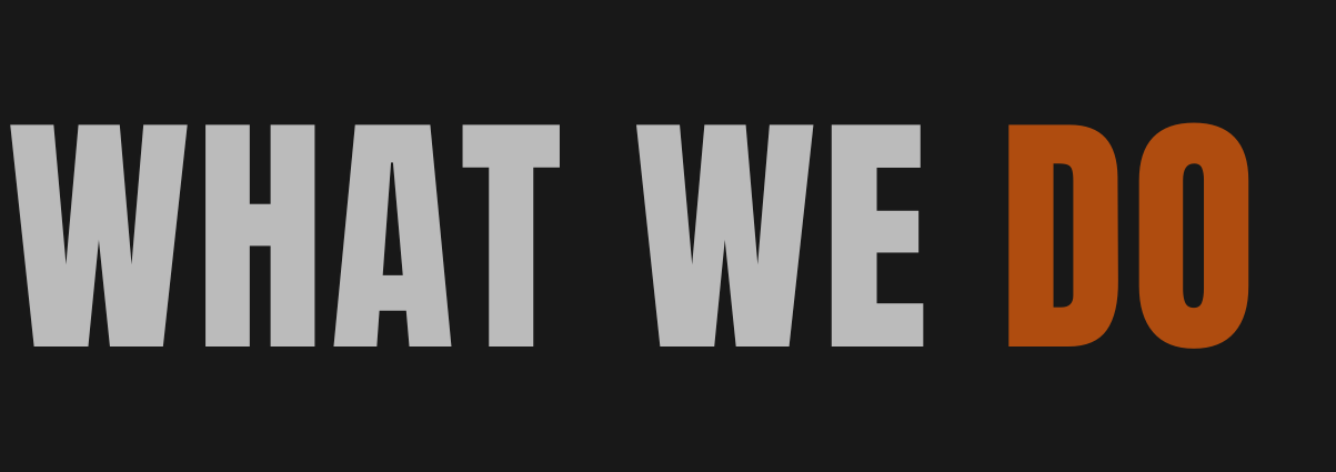 Black and white text design showing contrasting words 'WHAT WE DO' with 'DO' highlighted in orange against dark background.