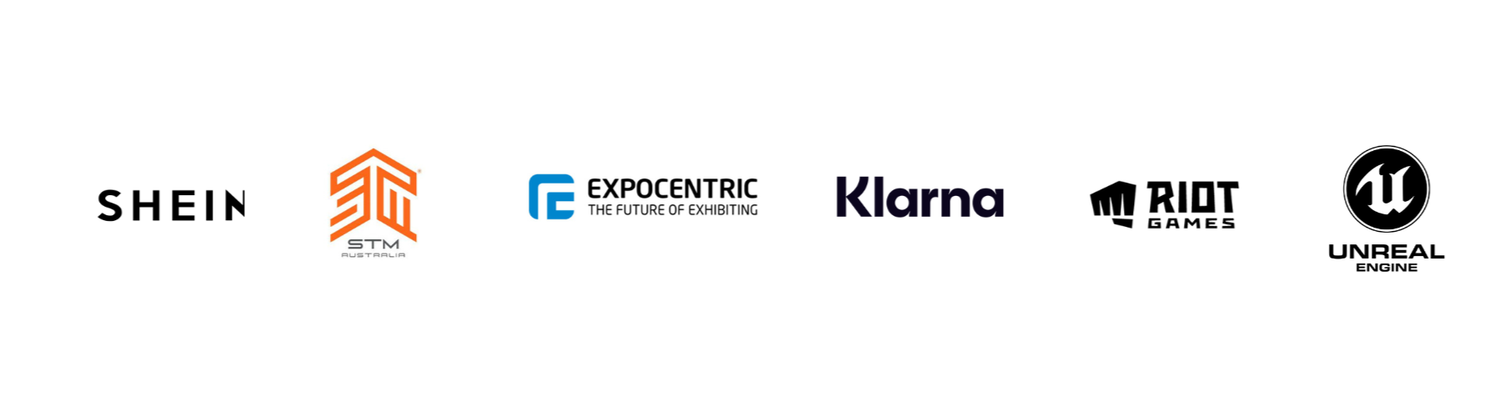 A horizontal row of e-commerce company logos including SHEIN, Klarna, and Riot Games against a white background.