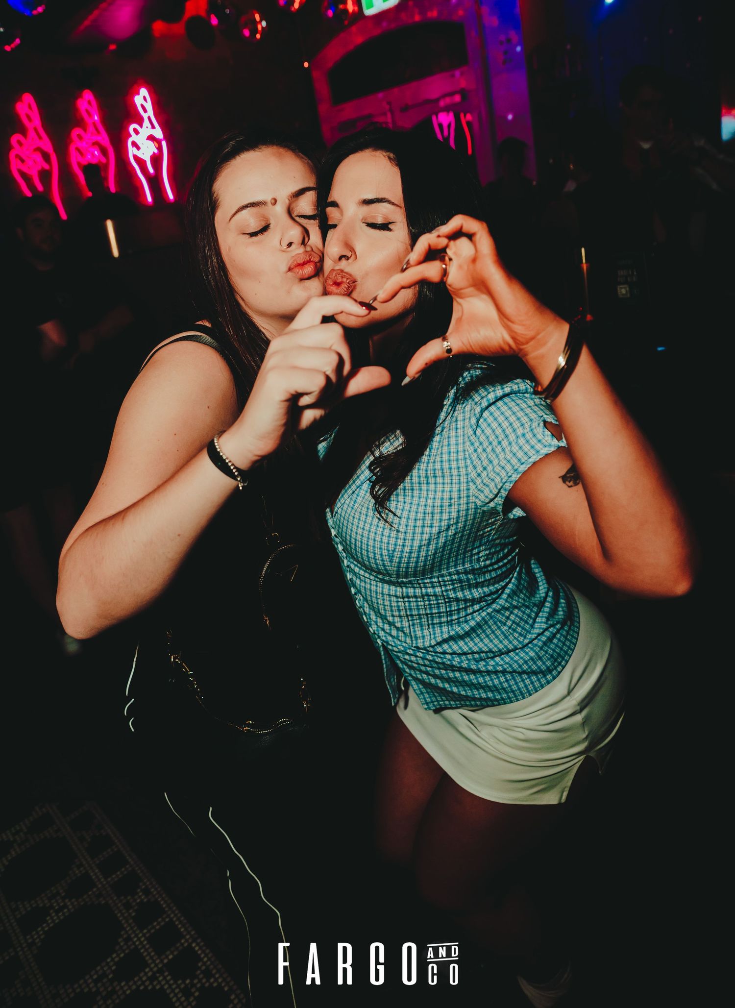 Series of nightclub photos in dark lighting showing people dancing and posing with colorful pink and blue lights in background.
