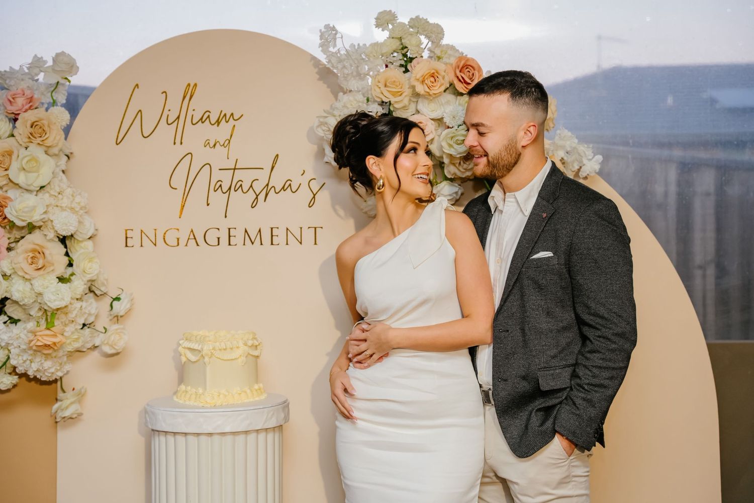 An elegant wedding setting with a couple posing at different moments captured in a romantic photo collage.