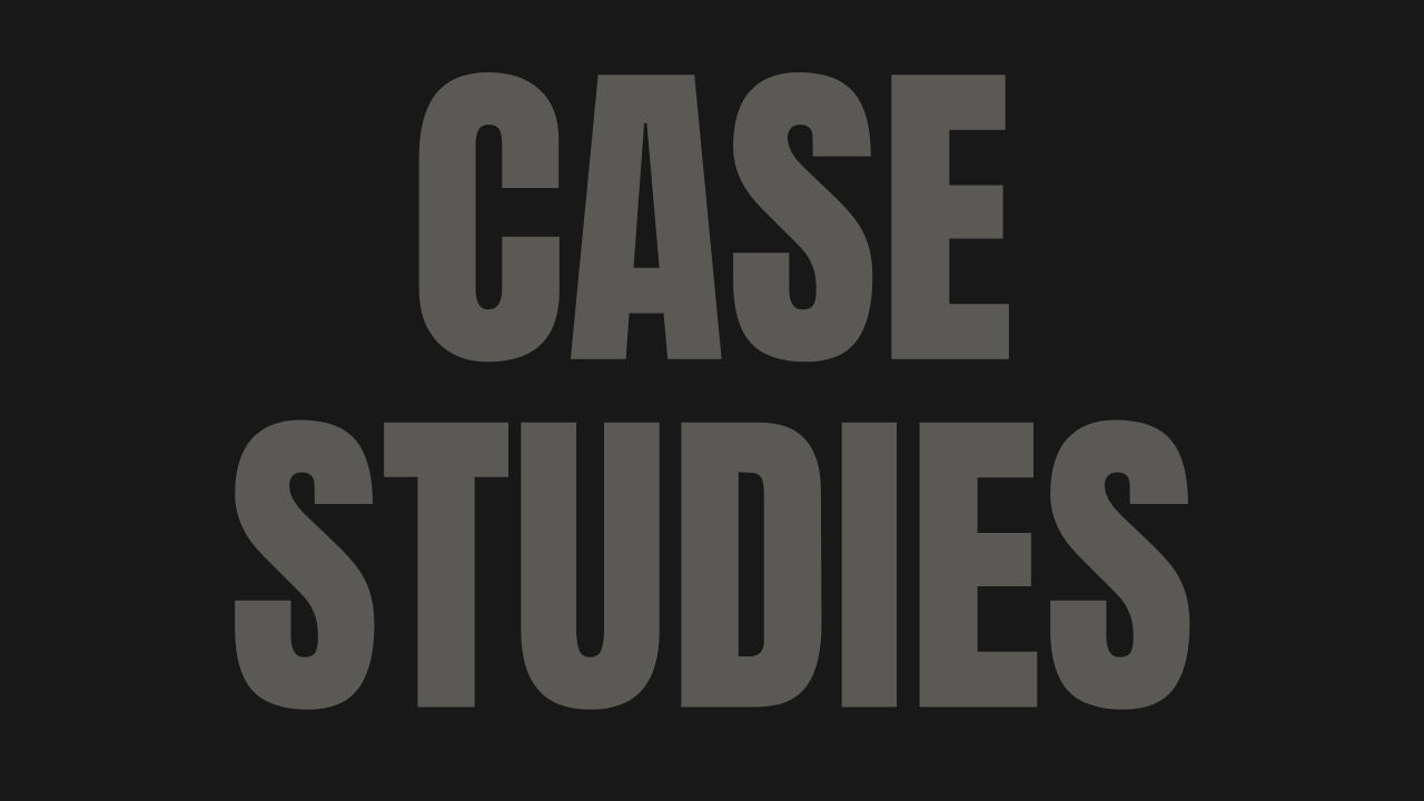 A row of dark gray rectangular blocks with white text displaying the word 'CASE STUDIES' repeated multiple times.